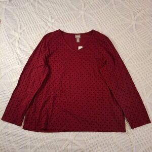 Chico's 3 Flocked Polka Dot V-Neck Long Sleeve Top Amulet Red Size XL NWT
